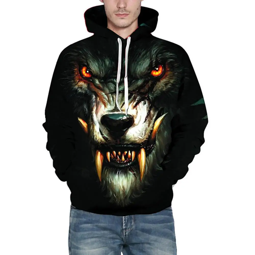 

MISSKY 2019 Men Lovers Halloween 3D Werewolf Printed Hoodie Fashionable Hooded Pullover Long Sleeves
