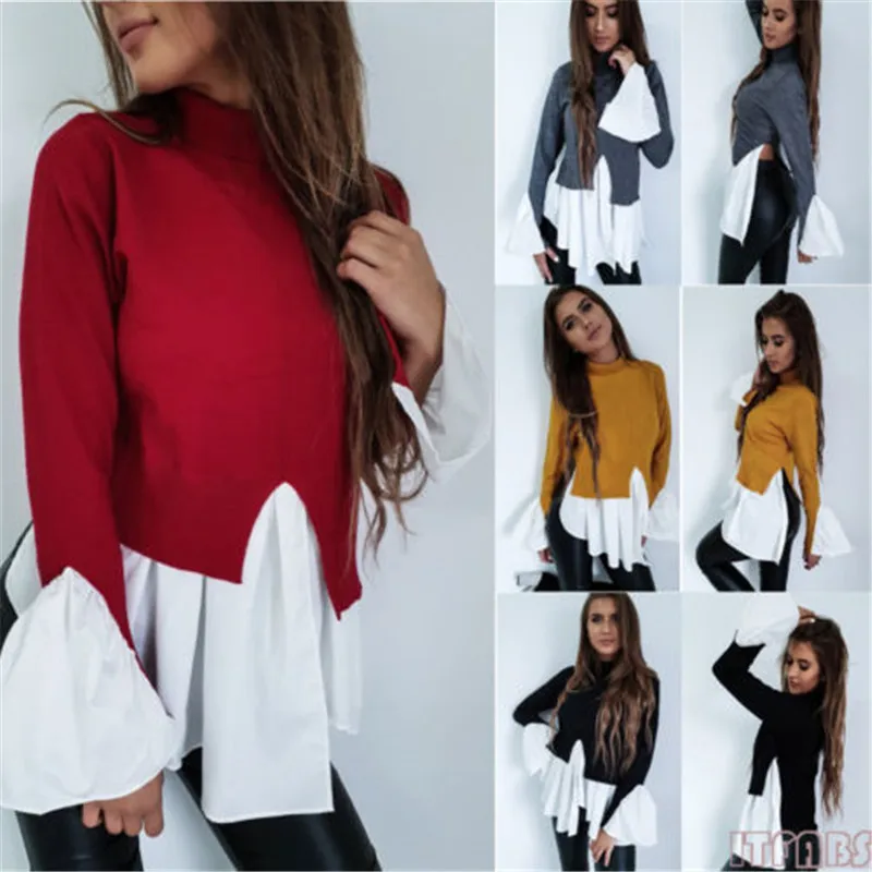 

Women's Irregular Top T-Shirts Autumn Spring Ruffles Long Sleeve High Neck Casual Loose T-Shirt Ladies Stitching Split T Shirts