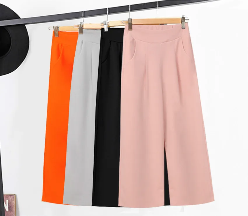 

Women's Pants 2019 Spring Summer Solid High Waist Wide Leg Pants Office Lady Calf-Length Trousers Femme Plus Size 3XL