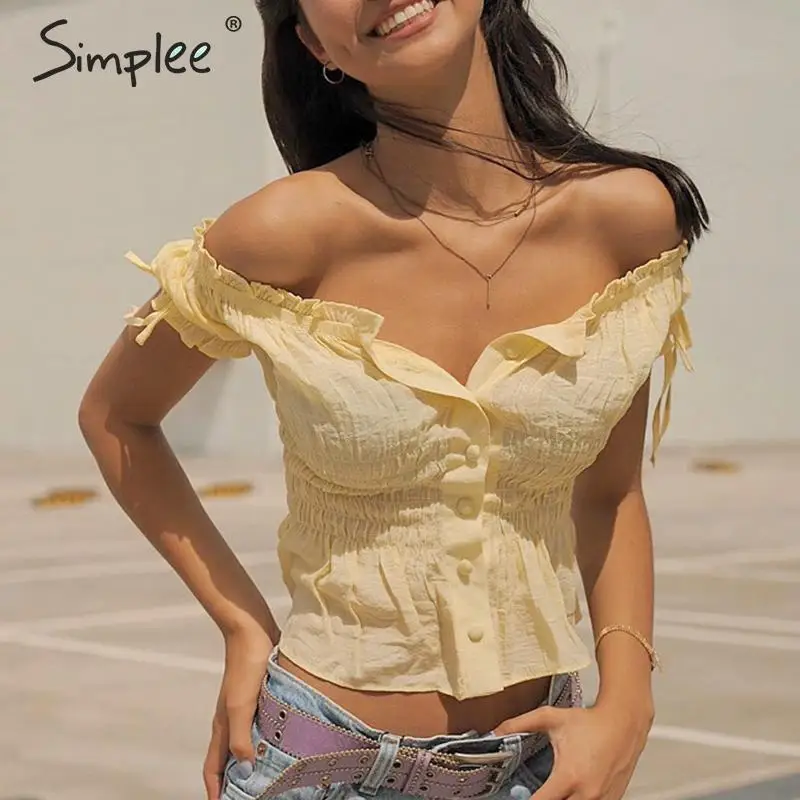 

Simplee Casual women summer blouse shirt Ruched ruffle buttons female crop tops Streetwear ladies lace up blouses and tops 2019