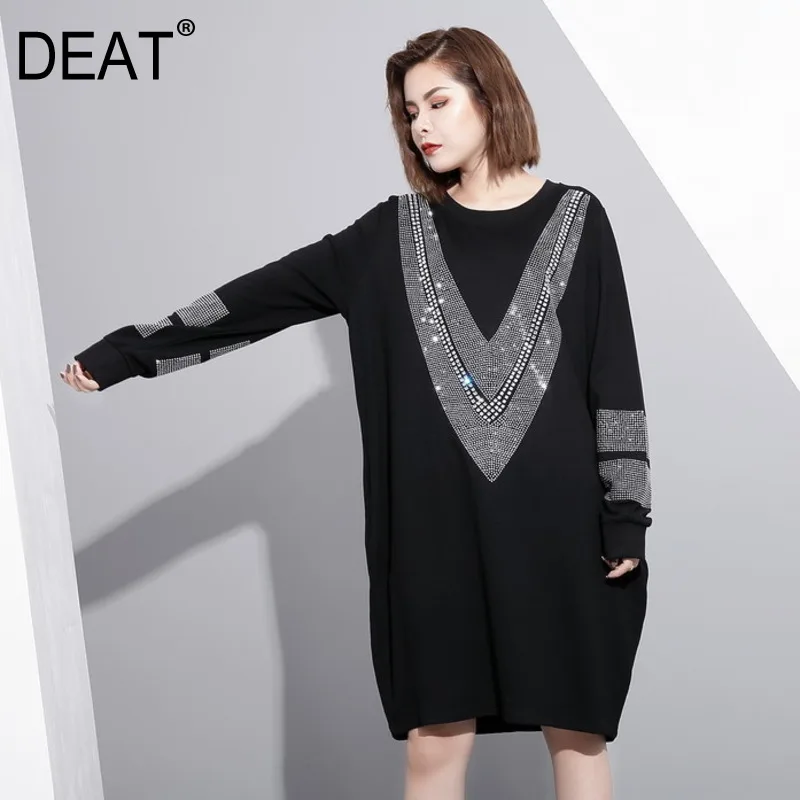 

[DEAT] 2020 Spring Round Neck Long Sleeve Solid Color Black Diamoned Loose Big Size Dress Women Fashion Tide JC3320