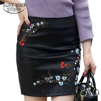 

2019 summer fashion new sexy embroidery show flowers Chinese style women PU skirt above knee sexy women pencil skirt 177A 30