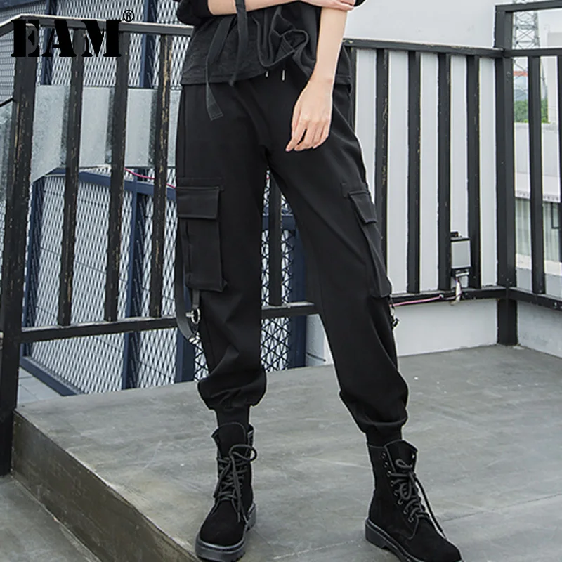 

[EAM] 2019 Autumn Winter Woman Solid Black Color Long Loose Pockets Spliced High Elastic Waist Drawstring Harem Pants LE982