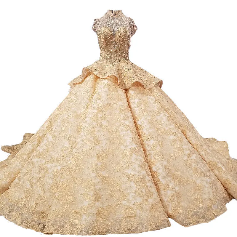 2018 Newl Luxury Gold Champagne Lace Wedding Dresses Sleeveless High