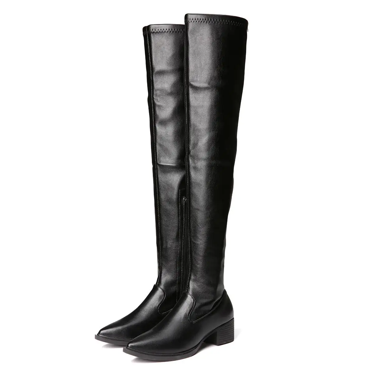 

NIS Women Thigh High Boots, Black Winter Soft Warm Short Plush Med Heels Shoes, Ladies Pointed Toe Zip Sexy Over The Knee Boots