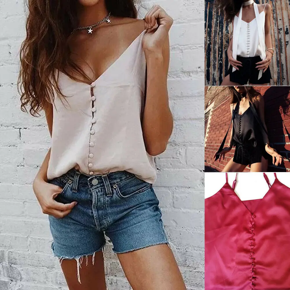 

Summer Women's Ladies Deep V Neck Chiffon Sleeveless Vest Blouse Casual Top Loose Tanks