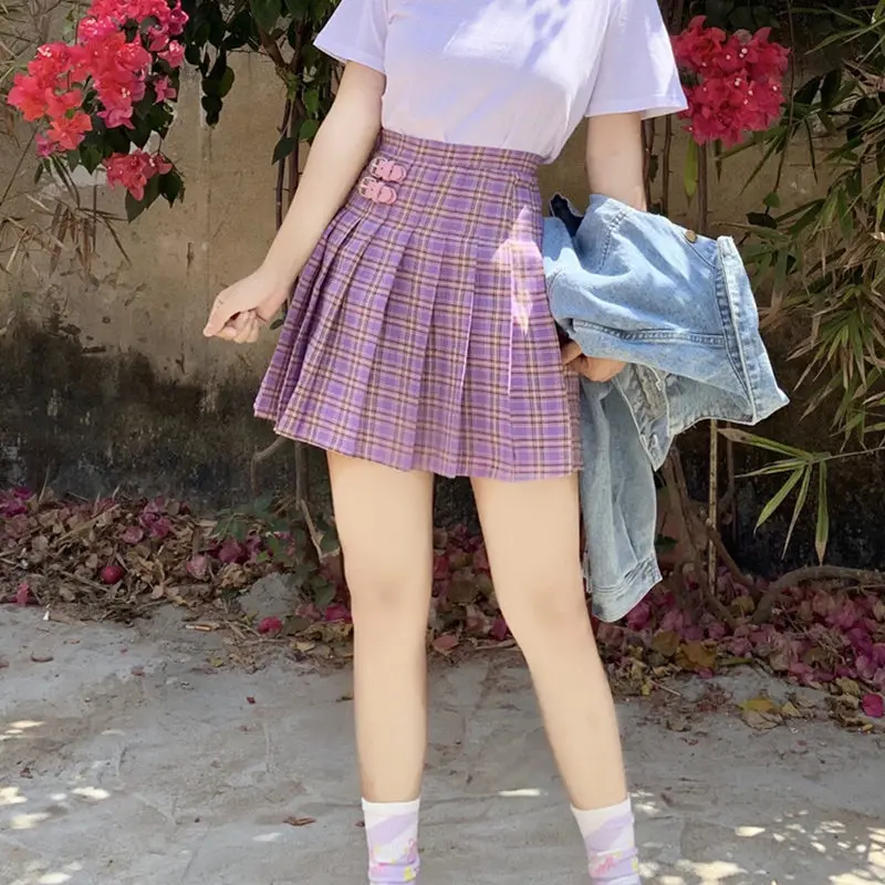 Плиссированная юбка в клетку для девочек в стиле Харадзюку, Женская мини юбка в стиле каваи, фиолетовая Шикарная стильная школьная форма для девочек JK, юбки с готической пряжкой