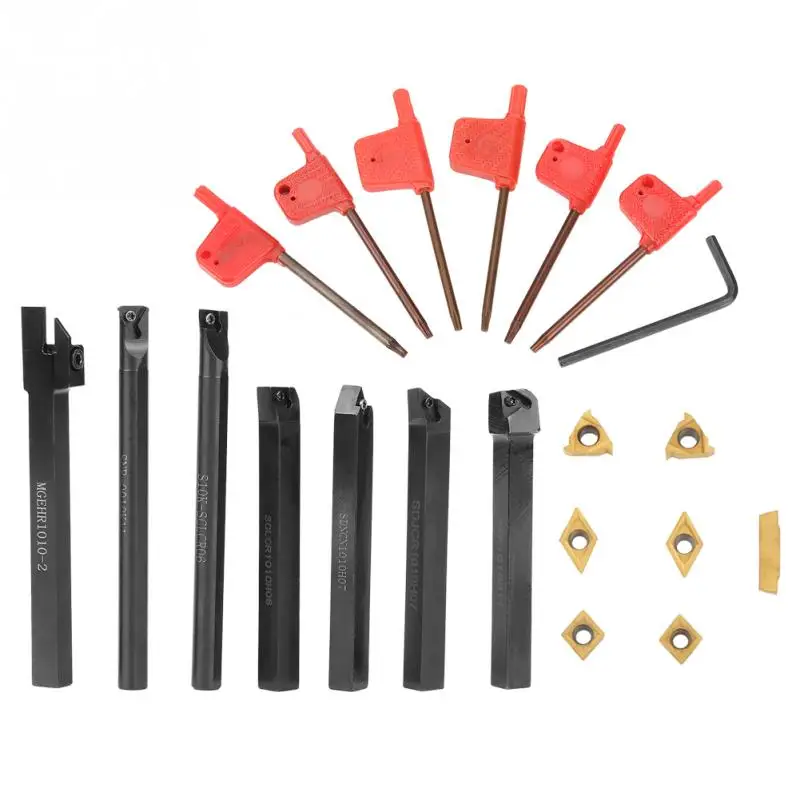 

7 Pcs Lathe Turning Tool Mini Shank Lathe Boring Bar Turning Tool Holder + T8 Wrench Inserts Machine Tool Part a