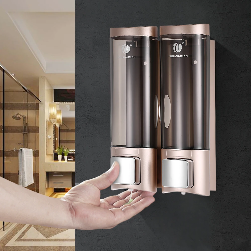 

Manual Hand Soap Dispenser Wall Mount Double Liquid Shampoo Shower Gel Dispenser Hand Cleanser Washroom Lotion Dispenser