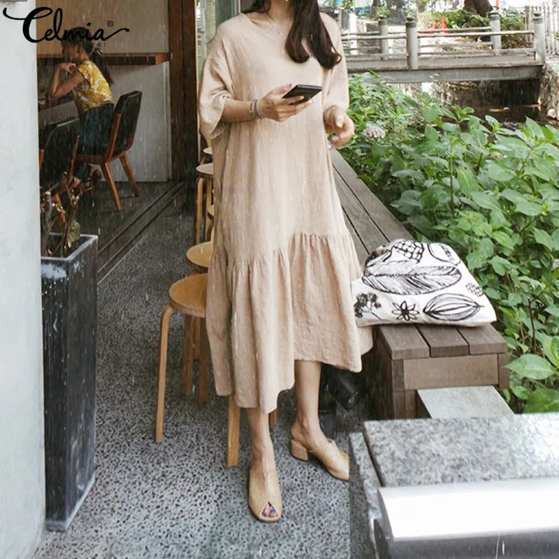 

Celmia Women Casual Long Shirt Dress 2019 Robe Clothing Maxi Dresses Summer Beach Pleated Vestidos Robe Mujer Plus Size Sundress