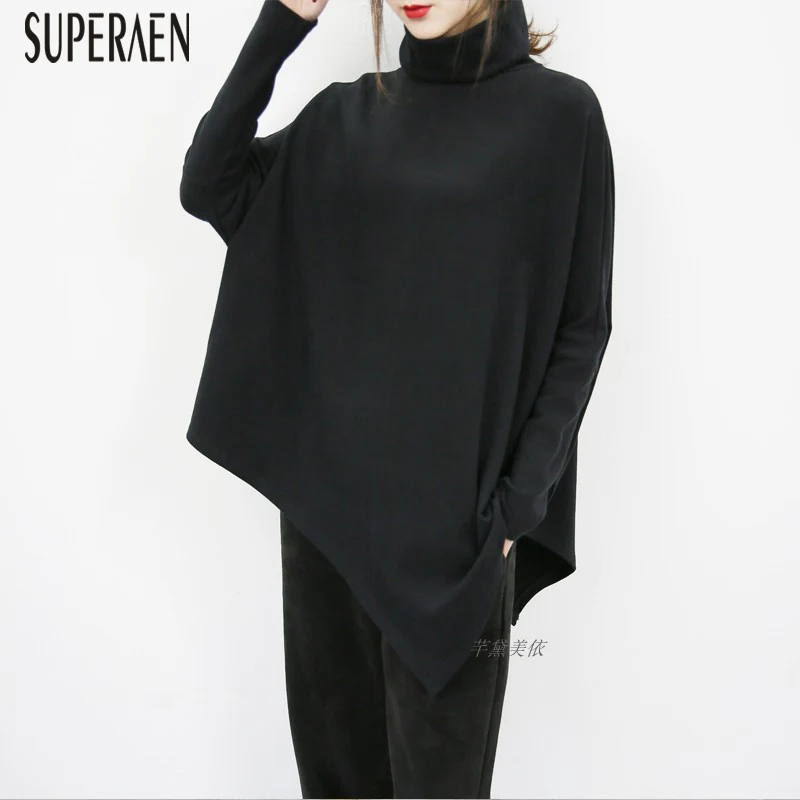 

SuperAen Autumn and Winter New Loose Women T Shirt Pluz Size Turtleneck Cotton Wild Ladies T Shirts Casual Irregular Women Tops