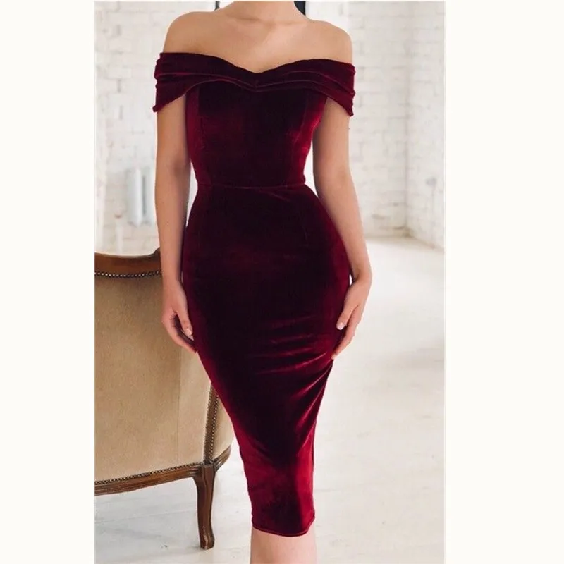 

Elegant Women's Velvet High Quality Bodycon Short Sleeve Off Shoulder Evening Party Club Mini Dress Size S-XL Three Colors