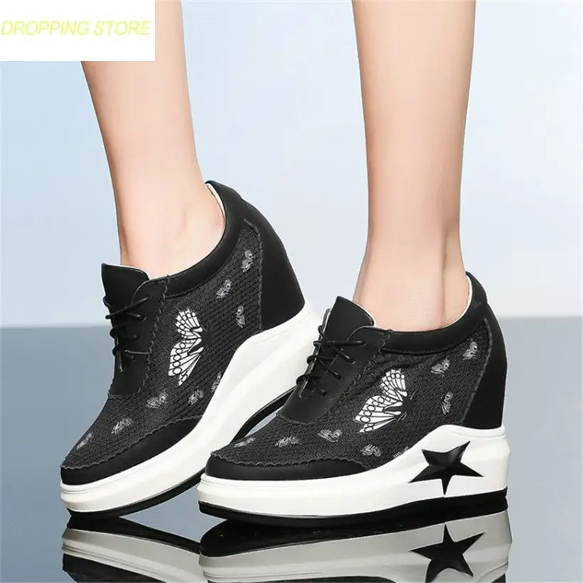 Véritable black1 Noir Wedge Plate Lacets Talons Parti Sneakers Sandales Femmes Cuir Hauts Bottines Blanc Respirant Du black2 white1 À White2 forme De htsrCxdQ