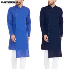 INCERUN, повседневная мужская рубашка с длинным рукавом, хлопок, стоячий воротник, необычная рубашка, мужские однотонные топы, мужской индийский костюм, S-5XL