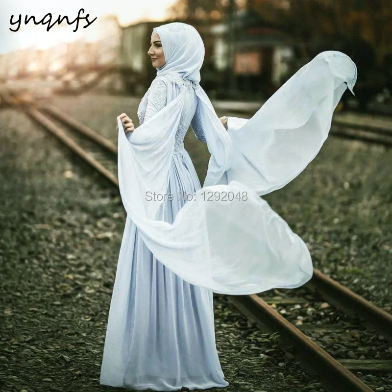 

YNQNFS MW34 Modest Formal Dress Party Gown High Neck Long Sleeve Hijab Muslim Bridesmaid Dresses Chiffon Abiye