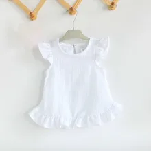 Летние блузки с рюшами на рукавах для девочек, топы из льна и хлопка, кружевные повседневные рубашки для маленьких девочек