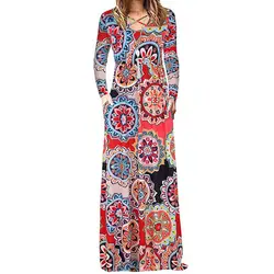 2018 осеннее женское длинное платье Femme богемные макси платья 2XL большой размер Повседневное Новое печатное Платье на шнуровке с круглым
