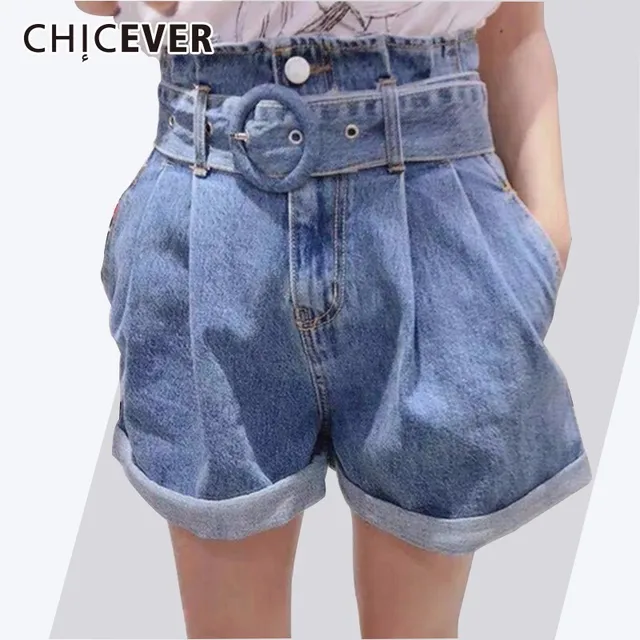 Special Offers CHICEVER Summer Denim Shorts For Women Jeans High Waist Loose Plus Size Slim With Belt Women's Short Korean Fashion New 2018