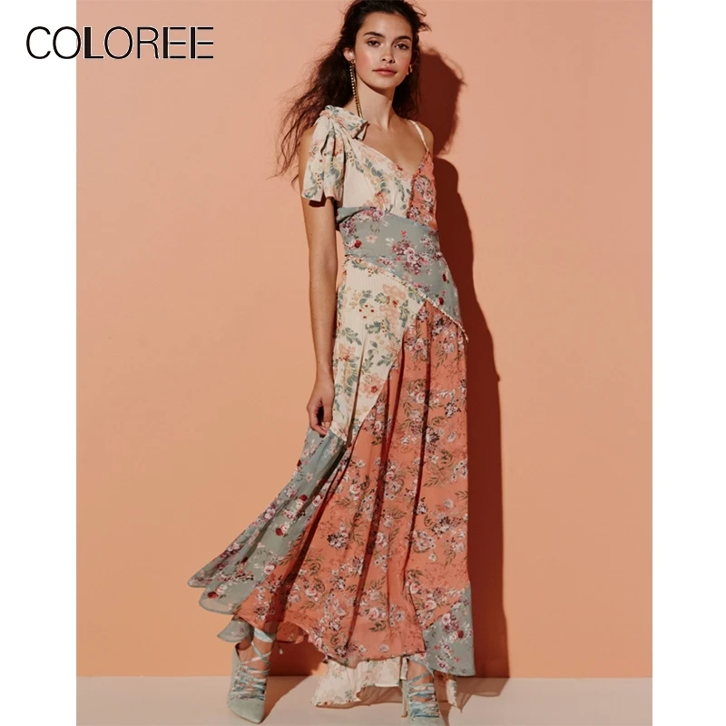 

COLOREE High End Runway Designer Dress 2019 Summer Orange Elegant Patchwork Floral Print Vacation Condole belt Beach Dress