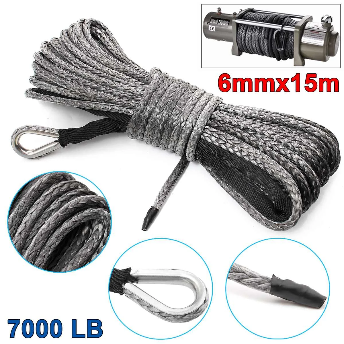 

1/4" x 50' Synthetic Fiber Winch Line Cable Rope 7000 LBs + Sheath For ATV UTV 6mm*15m Synthetic
