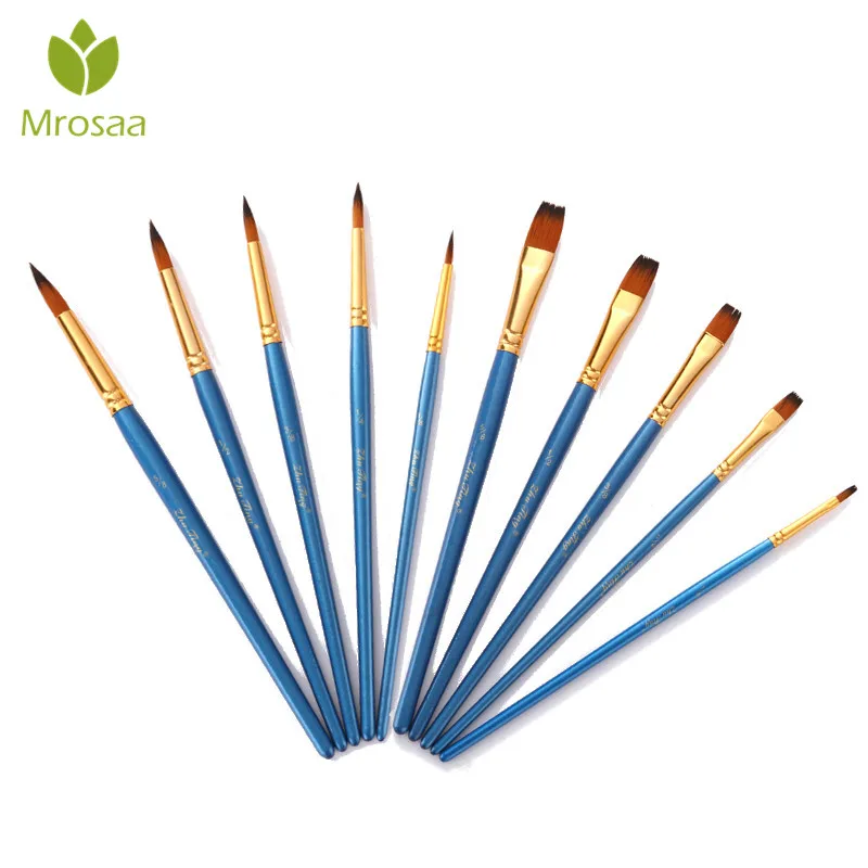 Goedkoop Mrosaa 5 10 stks set Aquarel Gouache Penselen Wees Tip Platte Nylon Haar Schilderij Borstel Pen Tekening Art levert Blauw