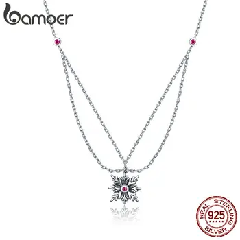 

BAMOER New Arrival 925 Sterling Silver Double Layers Snowflakes Flower Chain Pendants Necklaces Women Fashion Jewelry SCN320