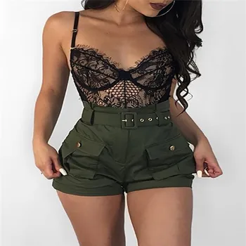 

Trendy Summer Women casual High Waist Shorts one pieces pocket Hot Polyester Button solid
