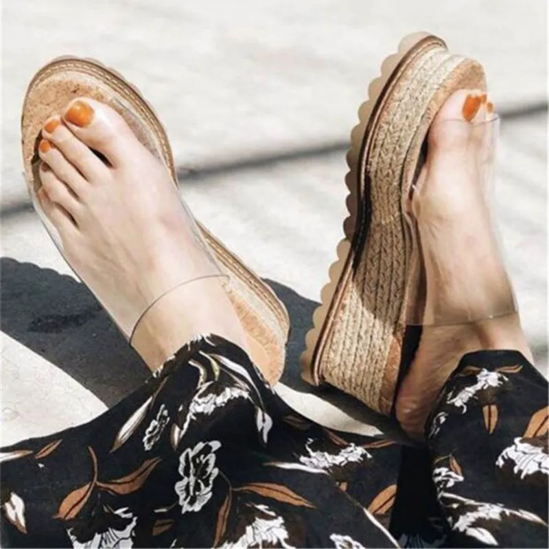 

19ss Straw Weaving Wedges High Heel Summer Slippers Clear Pvc Outside Slip On Slides Soft Flat Flatform Casual Beach Woman Shoes