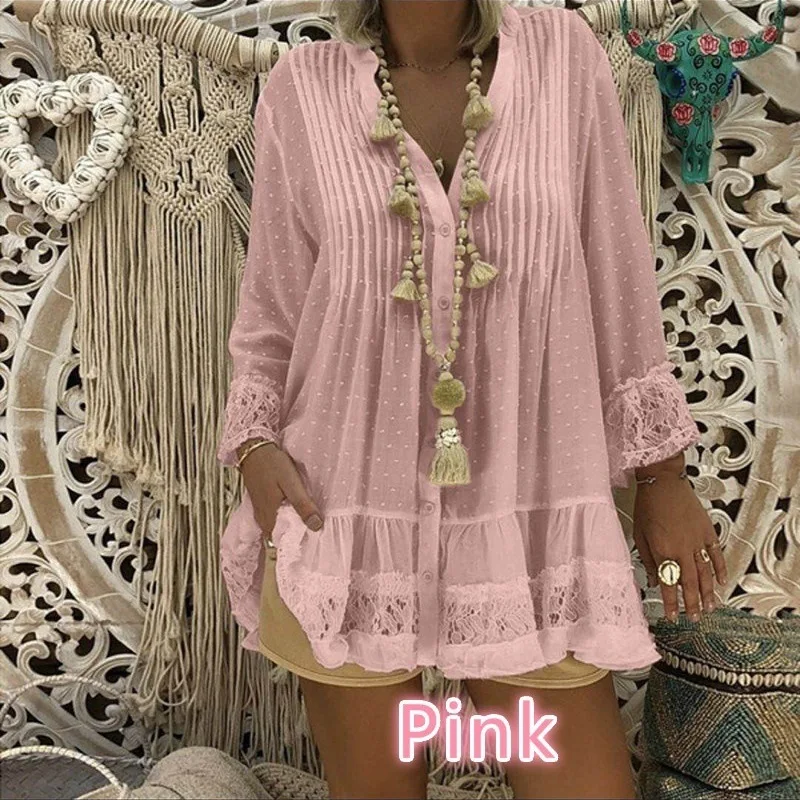 S-5XL Plus Size Women Loose Blouses 2019 Summer Solid Lace Patchwork Chiffon V-Neck Shirts Causal Female Vintage Oversized Tops