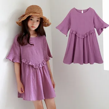

100% Cotton Dresses 2019 Summer Purple Girls Princess Dress Kids Mini Teen Clothing Petal Sleeve A Line Round Neck Clothes