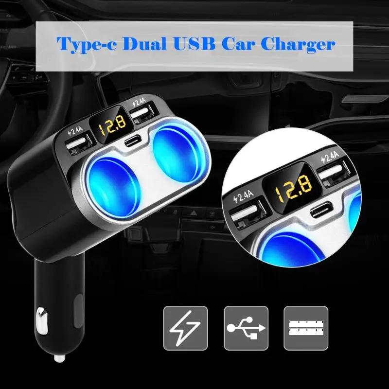 80 Вт 2-гнездо автомобильного прикуривателя Splitter Dual USB+ Тип C Зарядное устройство адаптер