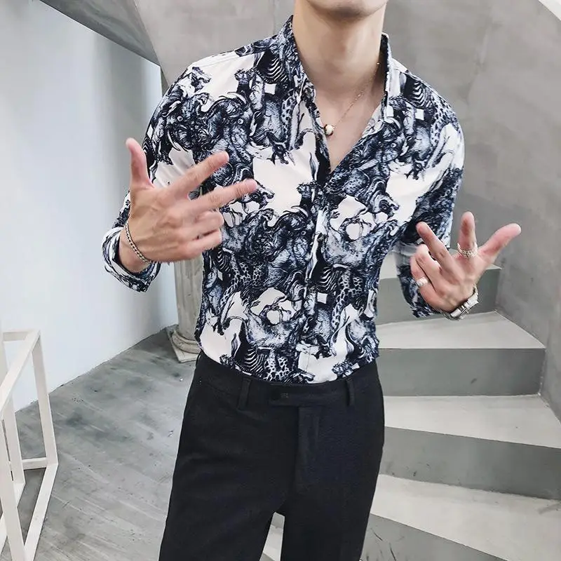 

Blouse Men's clothes Slim Fit Long sleeve Hawaiian Shirt for Men Luxury Social Shirt Man Party Camisa masculina
