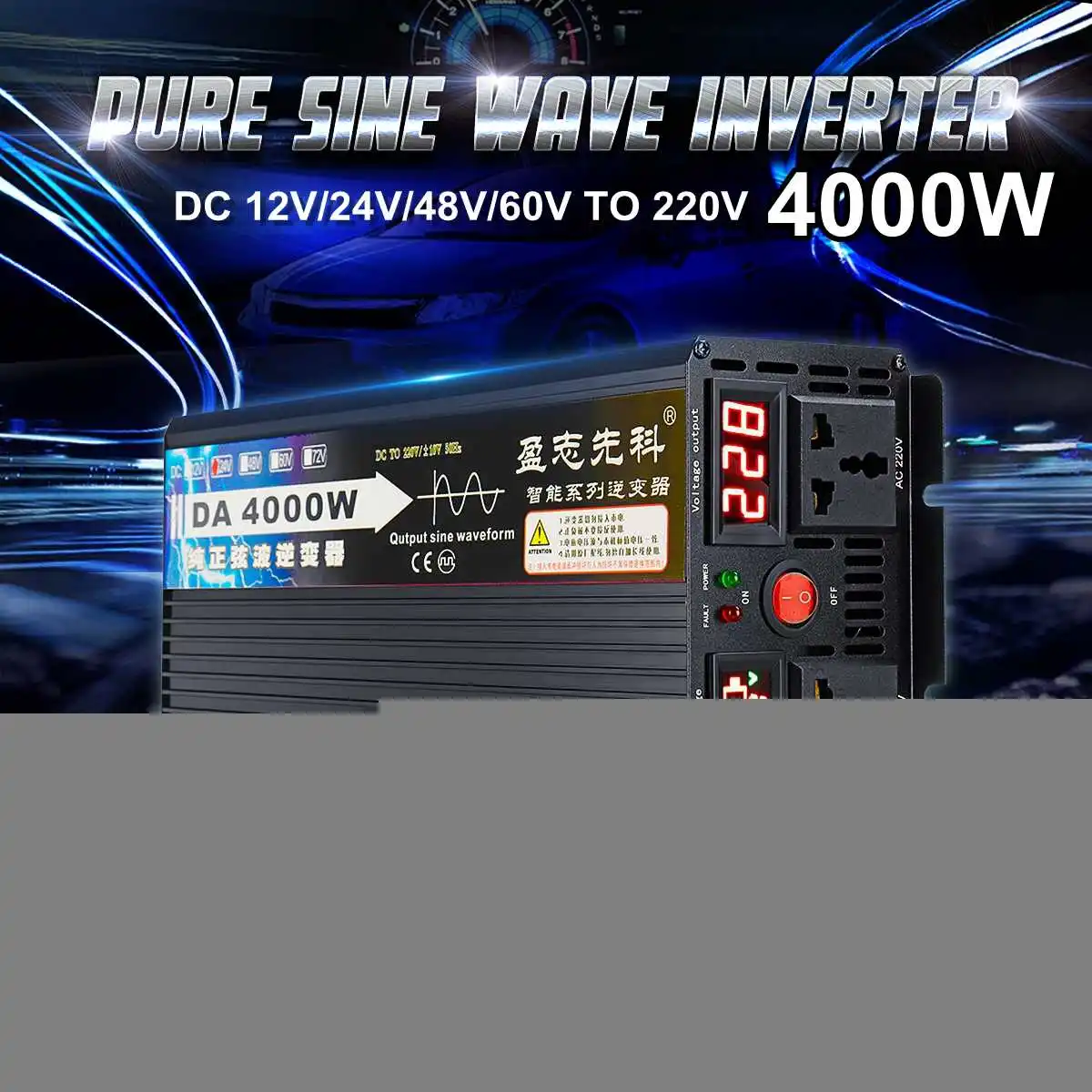 

4000W Voltage transformer pure sine wave solar power inverter DC 12V 24V 48V 60V to AC 220V LCD/LED Display