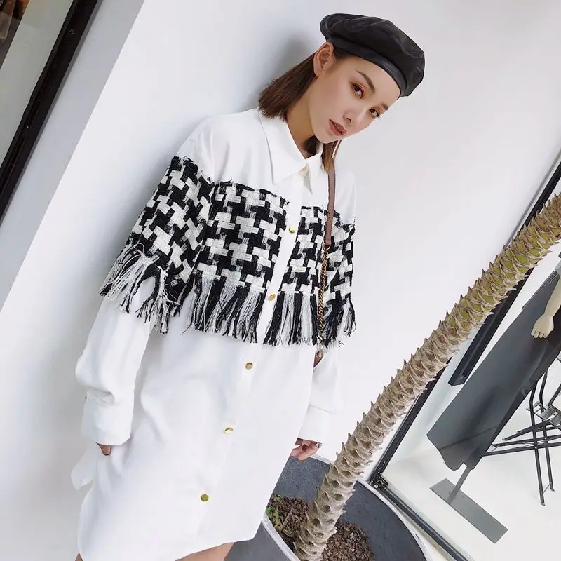 Acheter LANMREM 2019 Nouvelle Mode Plaid Gland Patchwork de Type Long Blouse Femme À Manches Longues Blanc Chemise Décontractée Robe Printemps YE64600