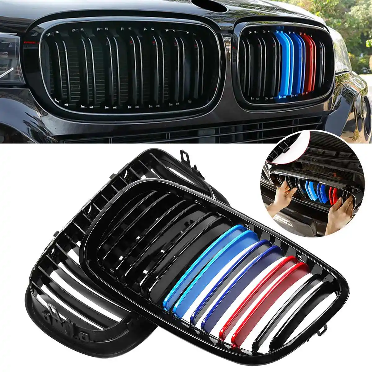 

A Pair Car Front Bumper Grille Grill Cover Trim Kidney For 2007-2013 For BMW X5 X6 E70 E71 Glossy Black M-Color
