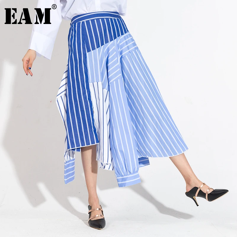 [EAM] 2019 новая весна лето высокая эластичная талия синяя полосатая нерегулярная сплит-юбка женская Мода Tide JO638