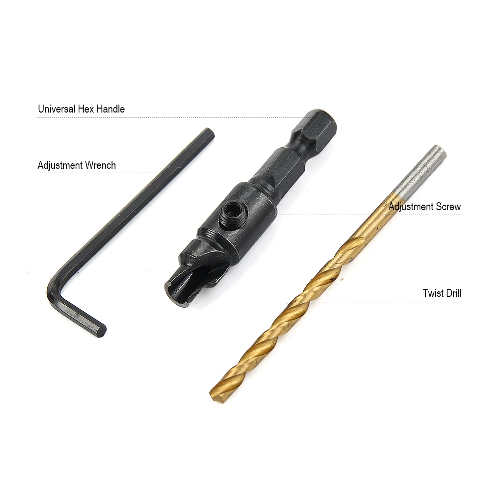 JelBo 5Pcs Countersink Drill Bit for Wood HSS Twist Drill Bit Set Drilling Tool Set Carpentry Milling Cutter Chamfer Hex Shank
