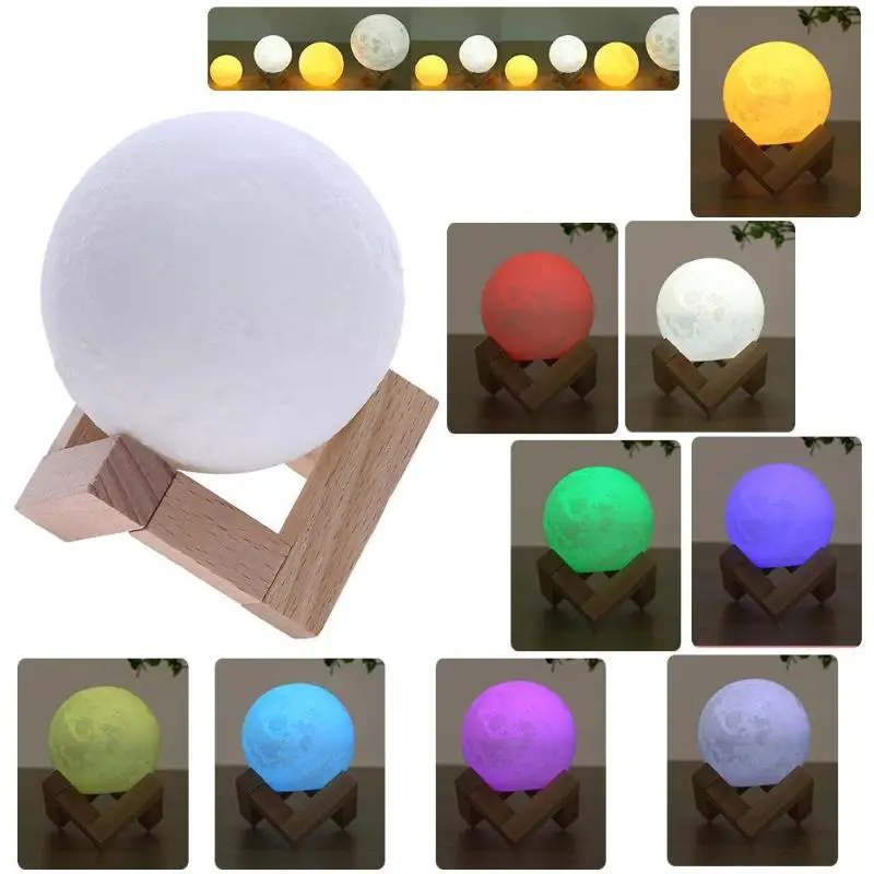 

3D Print LED Moon Lamp USB Rechargeable 16-Color Remote Control Night Light Bedroom Decor Gift Wooden Bracket