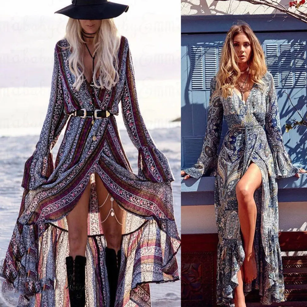 

Women Long Sleeve Floral Front Summer Boho Long Dress Floral Cocktail Party Beach Loose Sundress