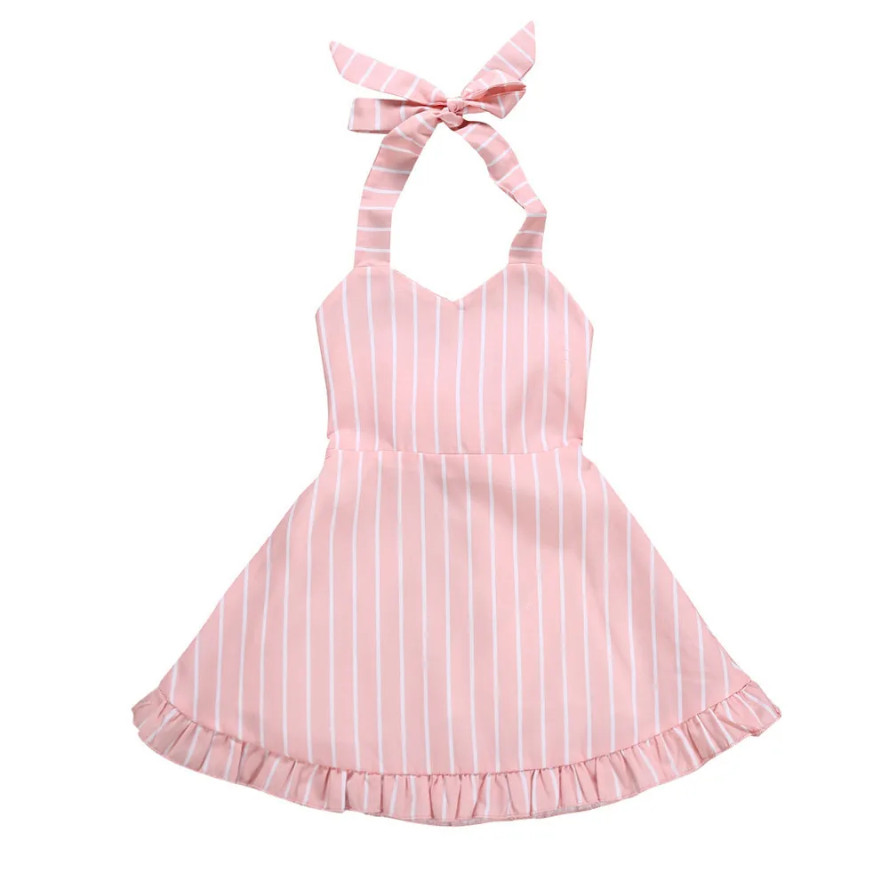 Для маленьких девочек Летняя новинка; платье полосатый Холтер полая, висячий Воротник модные вечерние розовое платье принцессы Vestido Menina