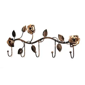 

Iron Hook Rack with 5 Hooks Bathroom Over the Door Hanger for Towel Coat Clothes Hat Bag Rose Shaped Hanging Iron Rail (Bronze)