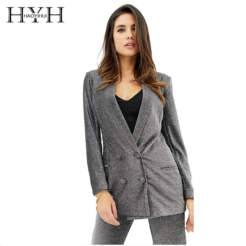 

HYH HAOYIHUI Regular Solid Color Simple Slim Back Double-Breasted Blazer