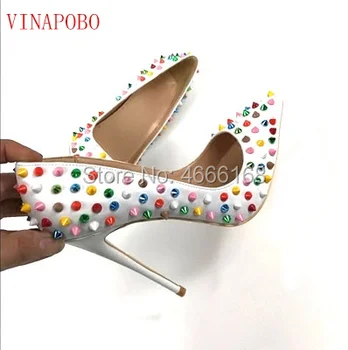 

Vinapobo 2019 NEW woman High heels shoes Ladies Sexy Pointed Toe women pumps white rivets Spikes Stiletto heels shoes free ship