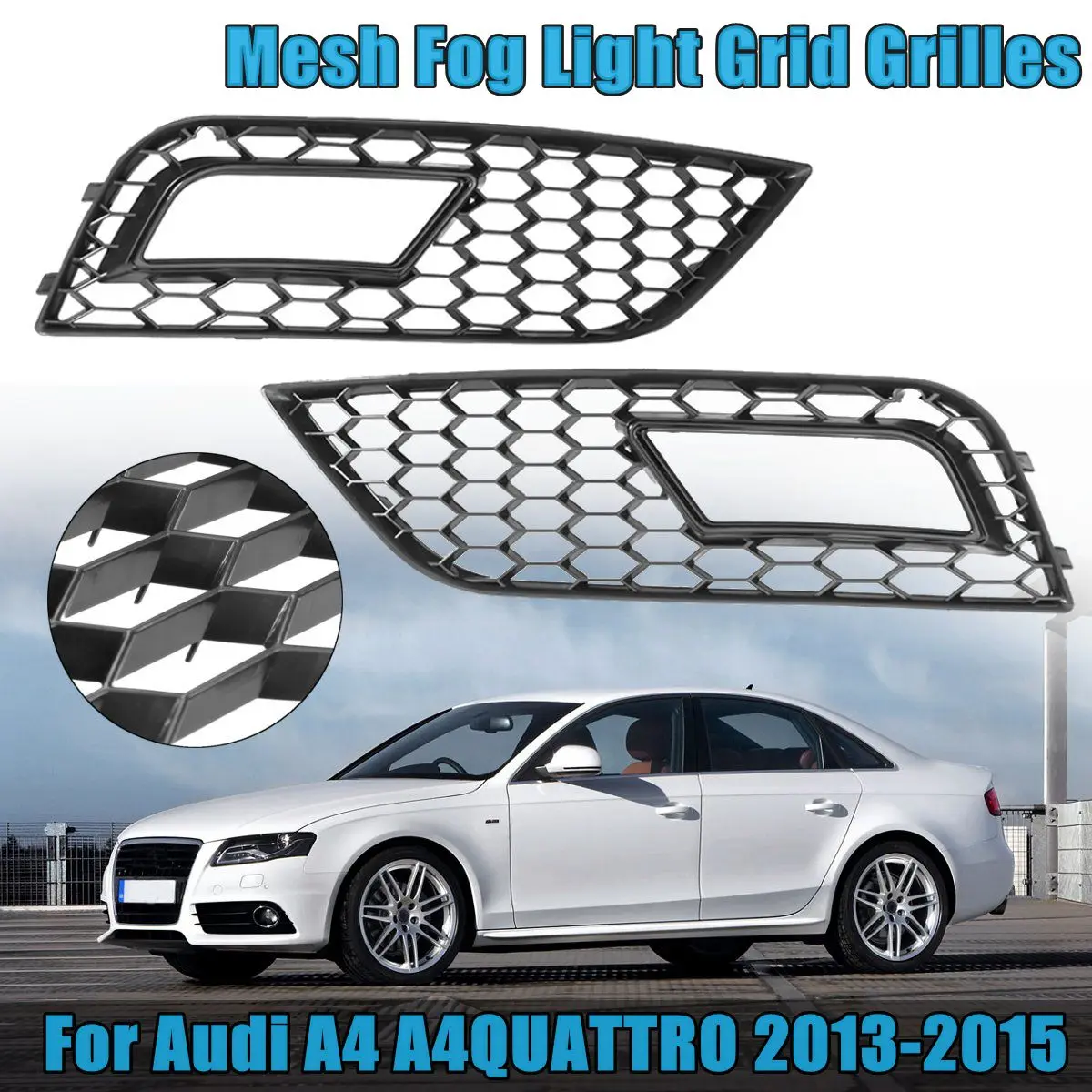 

Pair Auto Gloss Black Front Mesh Fog Light Grid Grilles For Audi A4 For QUATTRO 2013 2014 2015 2016 Racing Grills Car Styling
