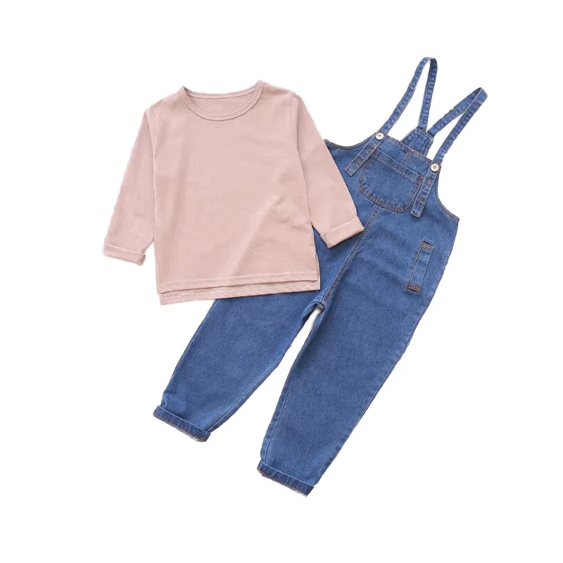 

Baby Girl Clothing Set 2pcs Long Sleeve Solid T-shirt Tops+Bib Pant Overall Loose Trouser 2PCS Outfits Children Clothes 6-14Y