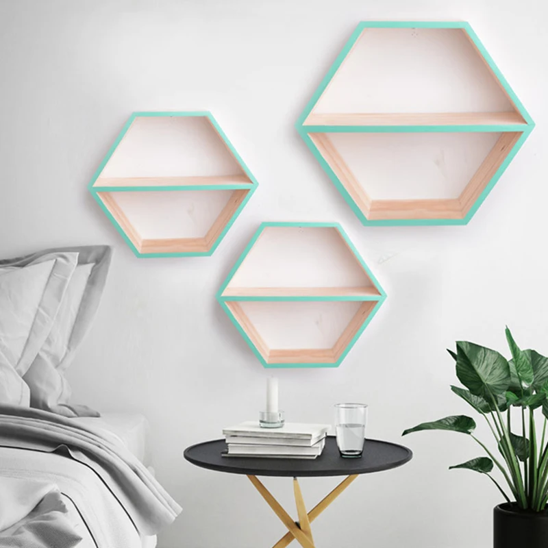 

INS Nordic Style Wooden Shelf Honeycomb Hexagon Storage Holder Wall Shelves For Nursery Kids Room Decoration Photography Props