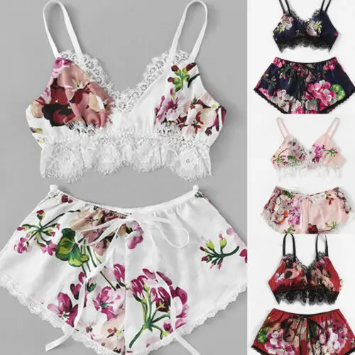

Sexy Lady Floral Lingerie 2pcs Women Satin Lace Underwear Sleepwear Babydoll Lingerie Nightdress Pajamas Set XL