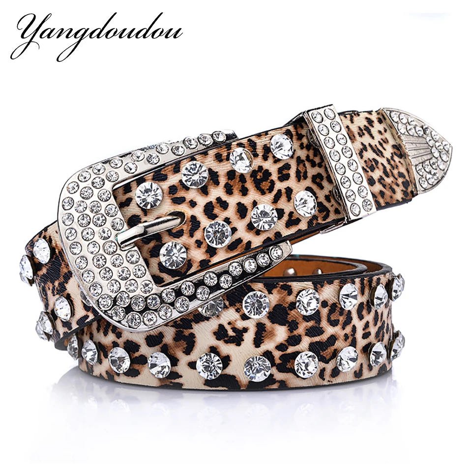 

Yangdoudou Women's Belt Leopard Python Pattern PU Full Crystal Studded Belt PU Leather Rivet Strap For Jeans Top Brand Luxury