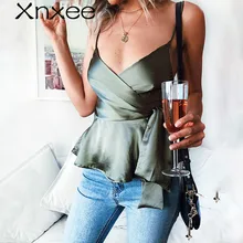Xnxee Elegant wrap camisole tank top women V neck strap satin crop top female peplum Summer sleeveless shirt sexy ladies tops Xnxee Elegant wrap camisole tank top women V neck strap satin crop top female peplum Summer sleeveless shirt sexy ladies tops
