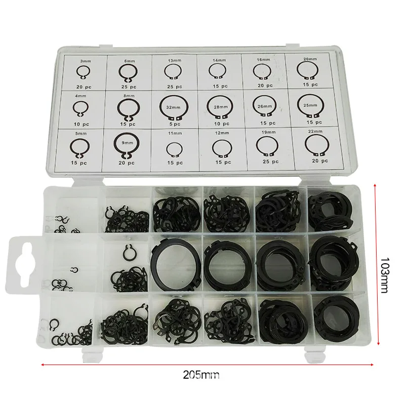 

High-quality 300pcs black shaft retaining ring C-type carbon steel opening C-shaped M3-M12 Circlips A Assorted manganese Bearing